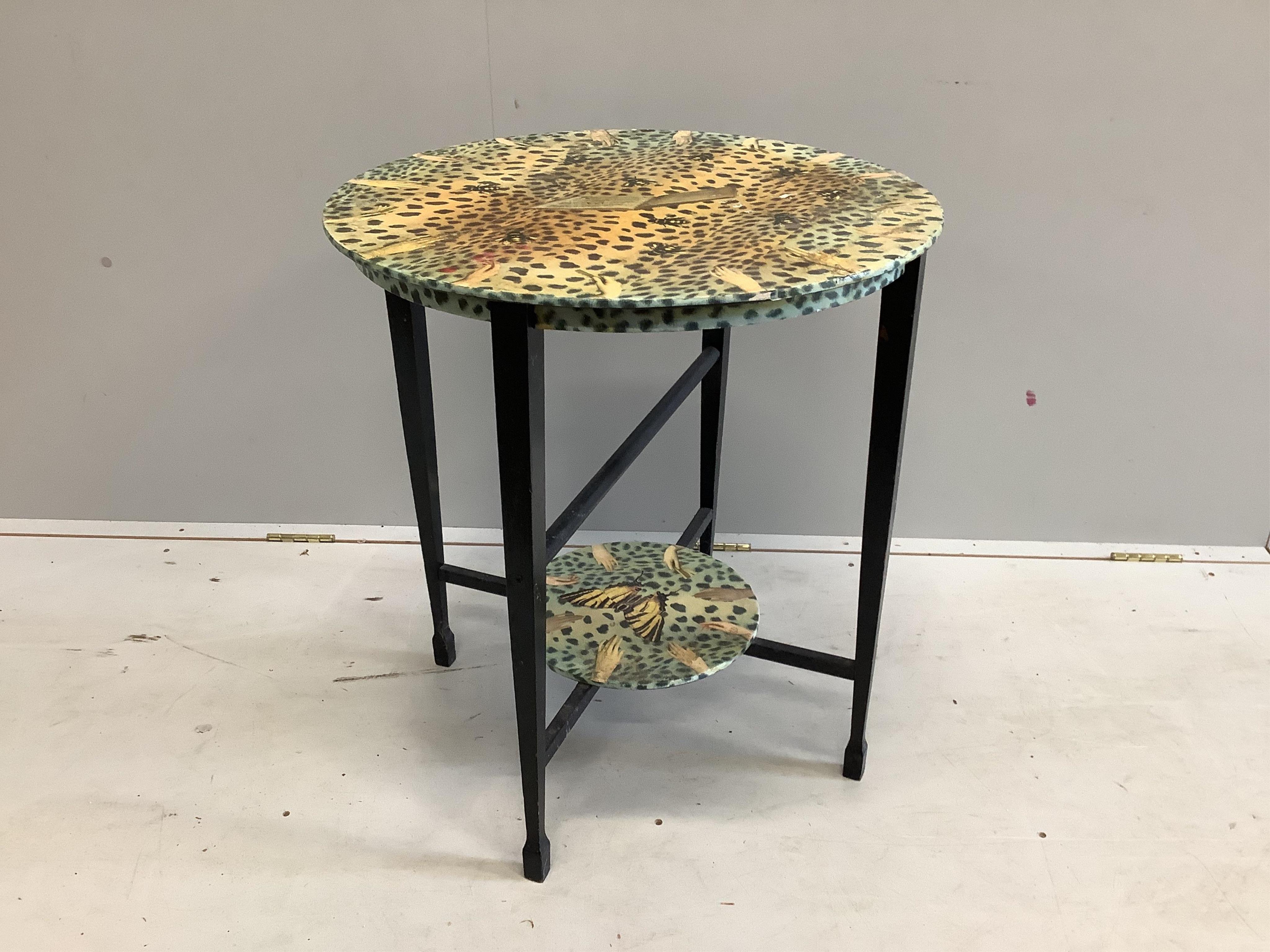 Julia Black, a decoupage faux leopard print two tier table, diameter 62cm, height 66cm. Condition - fair